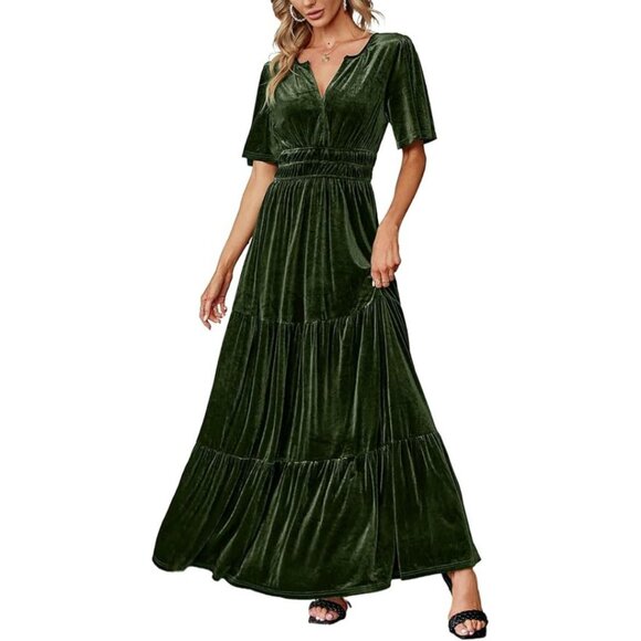 Emerald Green Velvet Maxi Dress - Picture 1 of 3
